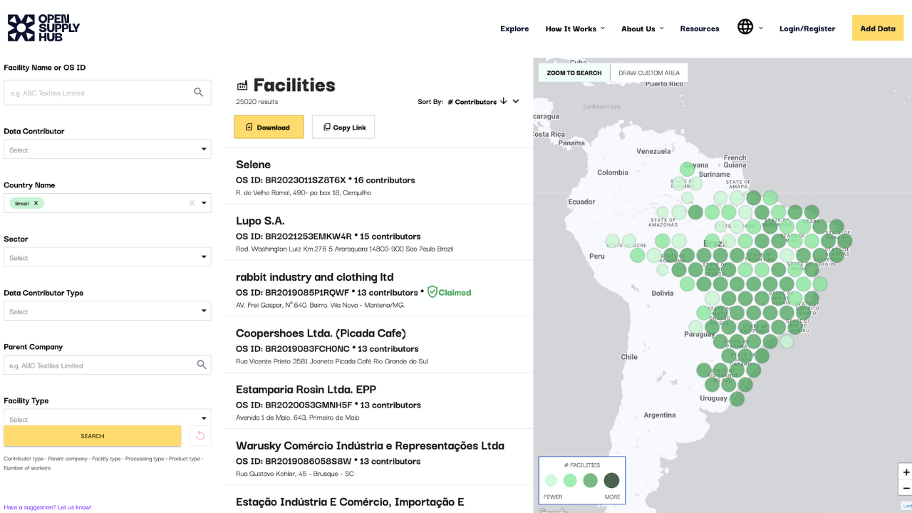 Screenshot of Open Supply Hub, filtered for data in Brazil.