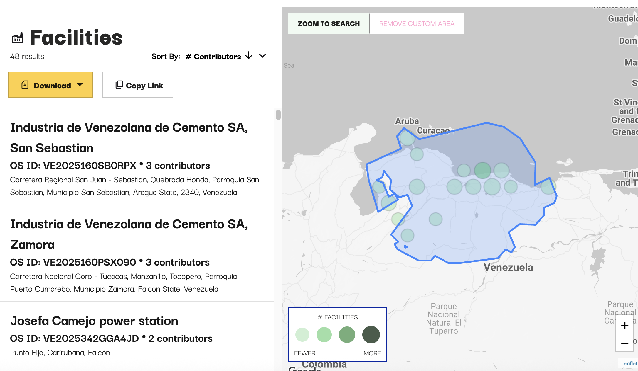 OS Hub map showing 48 production locations in Venezuela's earthquake-affected regions, including cement manufacturers and a power station in Aragua, Falcón, and surrounding states.